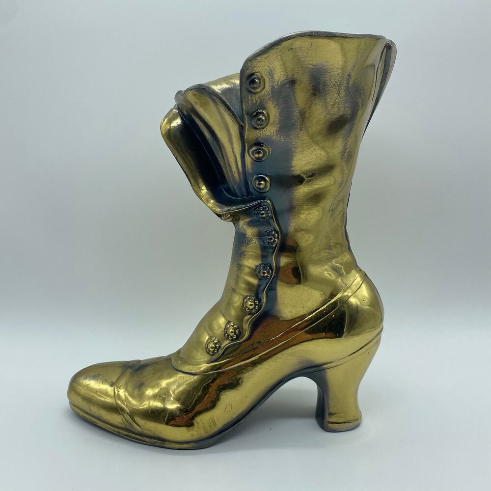Brass Tall Heeled Boot Artbrass Giftmakers Planter Vase Decor Regency Vintage